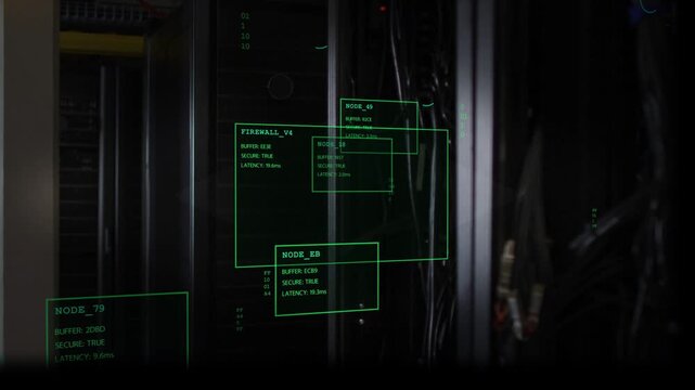 Network scanner pinging server rack, cable bundle for monitoring, HUD mapping nodes showing latency