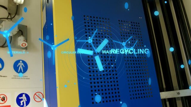 Blue cabinet, camera panning upward showing top lights, AR recycling icons showing waste% over unit