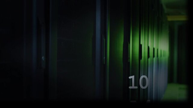 Server racks at right holding still while camera sliding, causing code graphics forming LATENCY box