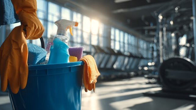 Gloves and toiletries in a bucket and in the background a blurred gym