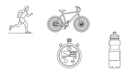 Fitness Icons: Runner, Bicycle, Stopwatch, Water Bottle - Sports and Healthy Lifestyle Concept