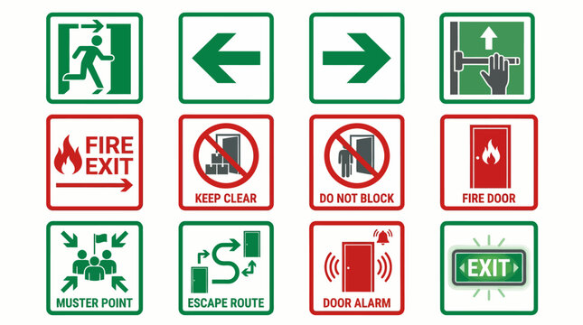 Collection of emergency exit and safety warning signs for workplace and public buildings. EPS Editable. Vector Illustrations.
