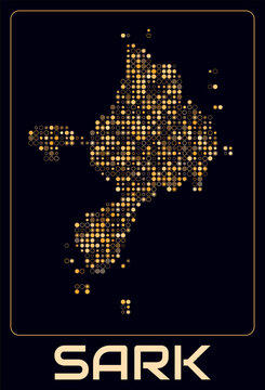 Sark digital style map. Small circle dots on dark background. Dotted shape of the island. Sark map and title. Vibrant vector illustration.
