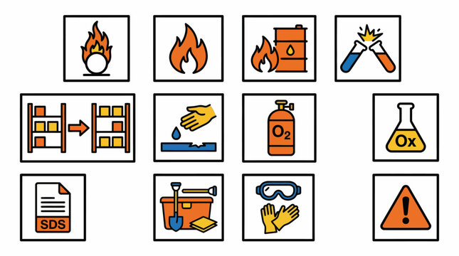 Set of colorful chemical and laboratory safety hazard icons. EPS Editable. Vector Illustrations.