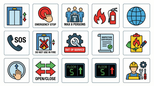 Set of colorful elevator safety and maintenance icons. EPS Editable. Vector Illustrations.