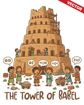 The Tower of Babel Bible Story Vector Illustration, Ancient Construction and Language Confusion Narrative, Biblical History Scene for Religious Education