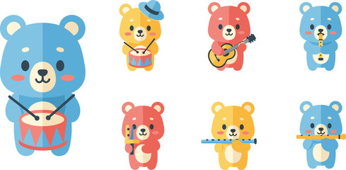 Cute Bear Music Cartoon Characters Set with Drum Guitar Flute Instruments Kids Friendly Animal Illustration Collection © MSTNAJMA