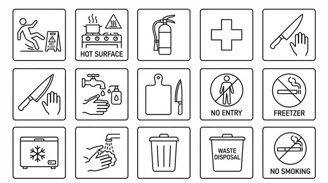 Set of fifteen hand drawn kitchen and workplace safety warning icons. EPS Editable. Vector Illustrations.