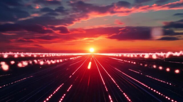 Dramatic sunset over a field with parallel light trails vibrant colors