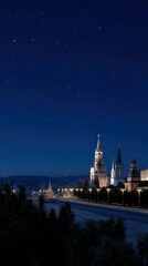 Obraz premium Dramatic Night View of Towers Illuminated by Soft Lighting against Starry Sky