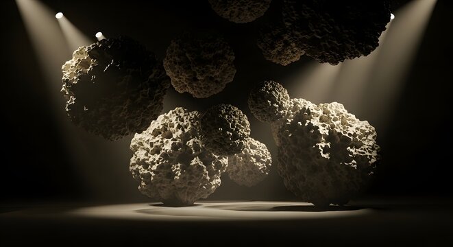 Dramatic Abstract Porous Structures Spotlighted in Dark Space: Science, Geology, Organic Concept