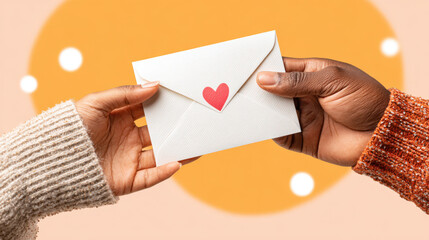 Obraz premium A heartfelt exchange as two hands delicately meet, the touchpoint where a single, sealed envelope is passed, adorned with a tiny, red heart.