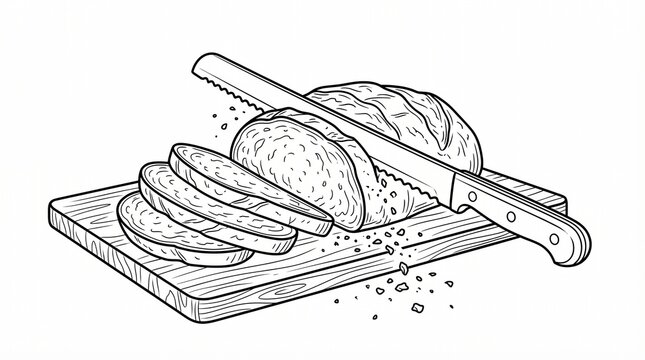 Freshly Sliced Artisan Bread on Wooden Cutting Board with Bread Knife