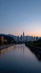 Fototapeta premium Modern Skyline of Chinese City Reflecting on River at Dusk with Vibrant Colors
