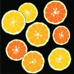 Obraz premium Pixel Art Citrus Fruit Slices On Black Background Vector Illustration
