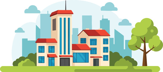Obraz premium Pixel Art Cityscape Buildings With Red Roofs And Tree On Light Blue Background