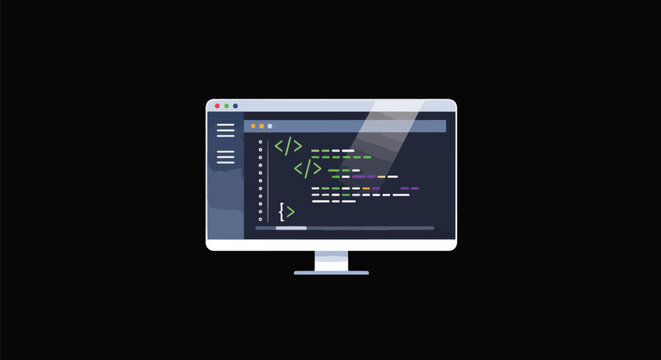 Pixel Art Computer Monitor Showing Coding Interface Isolated On Black Vector