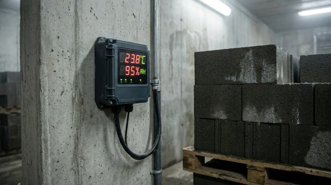 Medium shot of a wallmounted digital sensor in a curing room displaying precise humidity and temperature data beside curing blocks highlighting environmental control.