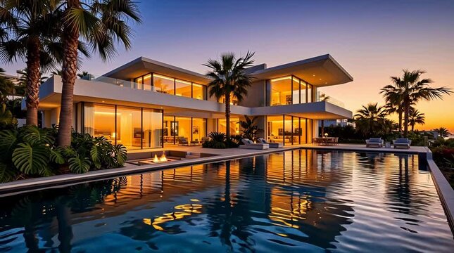 Stunning modern luxury mansion with illuminated infinity pool at golden hour sunset, reflecting in the serene water, surrounded by lush palm trees