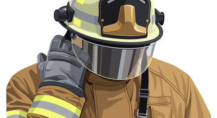 A firefighter wearing a helmet and protective gear stands ready in a neutral background © Anggita