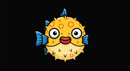 Pixel Art Cute Yellow Puffer Fish With Blue Fins On Black Background © DianeL