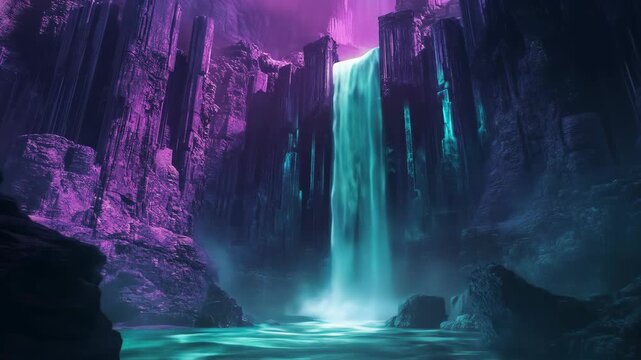 Dramatic waterfall in fantasy landscape with glowing lights and colors