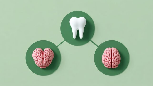 Abstract illustration depicting three circles connected by lines featuring a tooth and two brain images in a modern style
