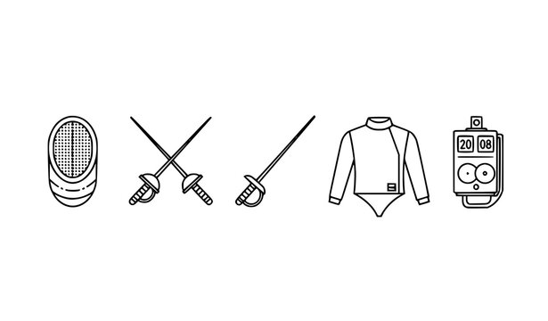 Title:
Fencing sport outline icons set with swords mask and equipment in simple line vector style for web design