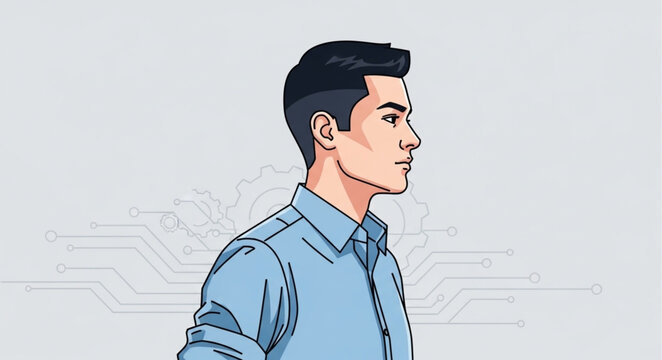 Profile Illustration Of Young Man In Blue Shirt.