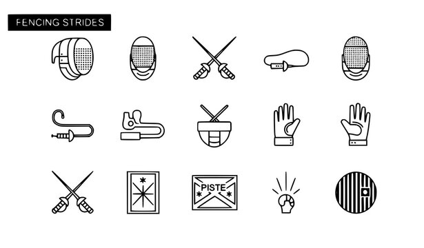Title:
Simple fencing sport icons set with foil sabre mask and athlete symbols in minimal outline vector style for web design