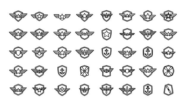 Title:
Flight pilot army badge logo icons set with aviation wings shields and insignia in simple outline vector style for web design