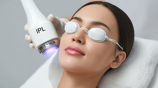 Woman Receiving Laser Treatment with IPL Device for Skin Rejuvenation in Modern Spa Setting