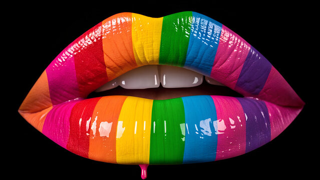 Rainbow colored lips with glossy finish on black background