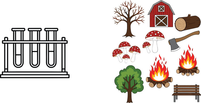 Laboratory test tubes and forest campfire nature elements including trees mushrooms axe barn and bench cartoon vector illustration collection