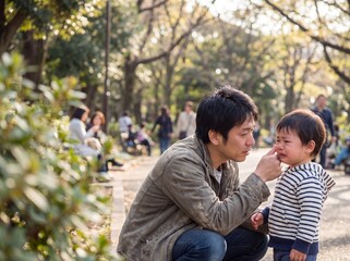 Fototapeta premium Caring Japanese Father Comforting Crying Toddler Son in Park