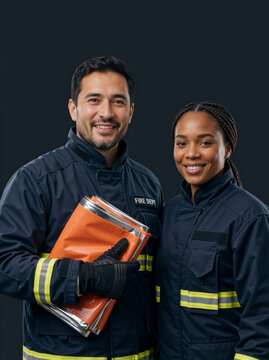 Vertical portrait of diverse firefighters standing together. Male and female first responders in uniform. Teamwork and emergency services concept