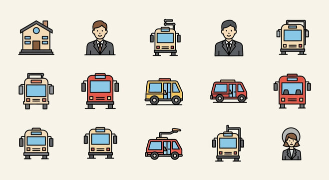 Transportation icons with people and buildings.