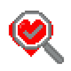Fototapeta premium A pixelated icon of a magnifying glass examines a heart symbol.