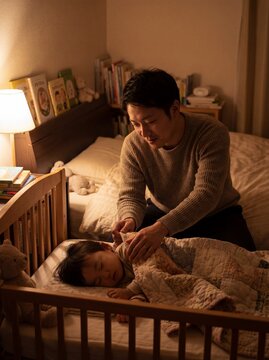Tender Moment of Japanese Father Tucking Sleeping Toddler into Bed at Night