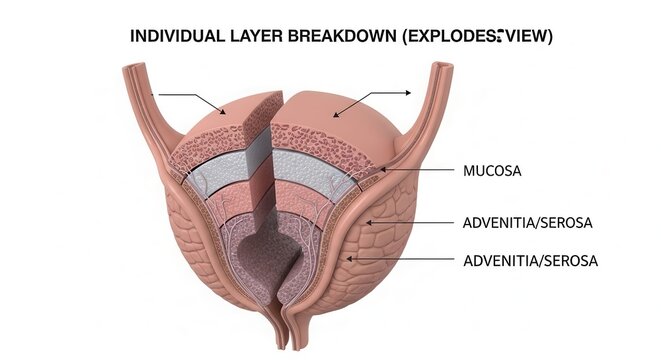 Anatomical Diagram of Bladder Wall Layers: Mucosa, Muscularis, Adventitia/Serosa