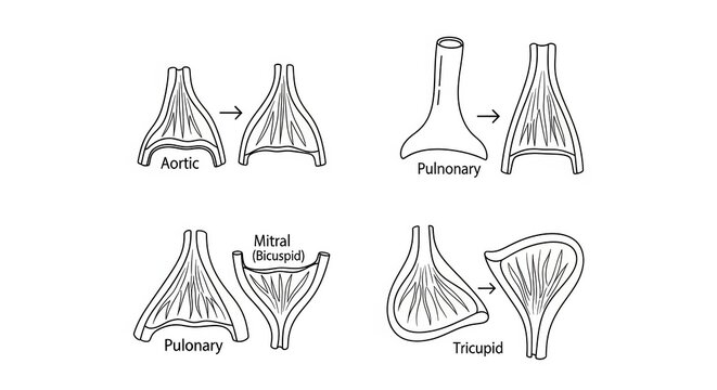 Anatomical Illustration of Heart Valves: Aortic, Pulmonary, Mitral, Tricuspid