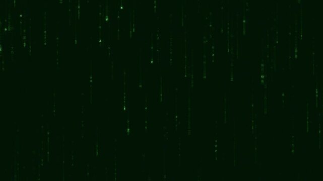 Dark matrix data stream with global alphabet &mdash; AI technology background, 4K loop