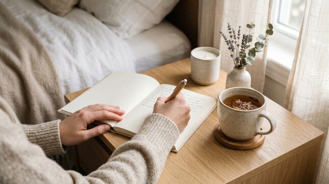 Hands journaling for self care and stress relief with tea at home