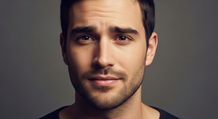 Obraz premium Close-up portrait of a handsome young man with a slight smile and thoughtful expression.
