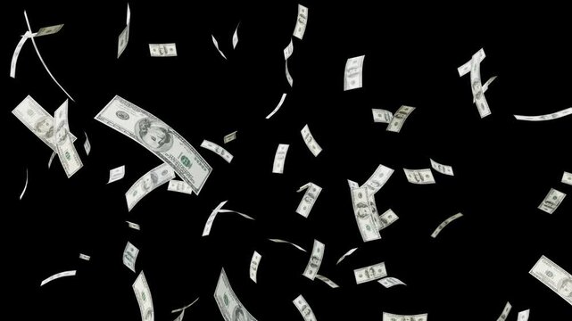 4k Realistic 3D US dollar banknotes falling down on a solid background for video overlay