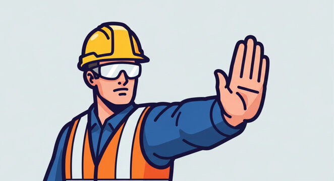 Construction Worker Wearing Safety Gear Signaling Stop With Hand.