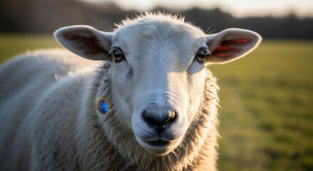 Obraz premium Close-up portrait of a sheep in a sunny field looking directly at the camera.