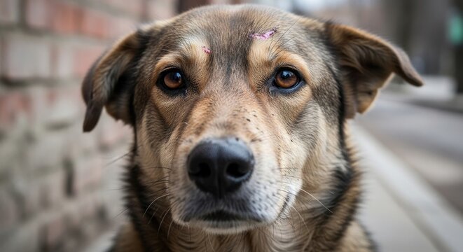 Close-up portrait of a mixed-breed dog with attentive eyes.
