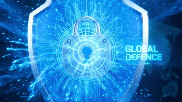 Futuristic Cybersecurity Technology Animation in Digital Shield and Lock. 3d Data Protection with Artificial Intelligence. Computer System Background. Global Information Defence in 3D Illustration 4k
