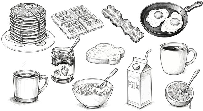 Breakfast food and drink items illustration.